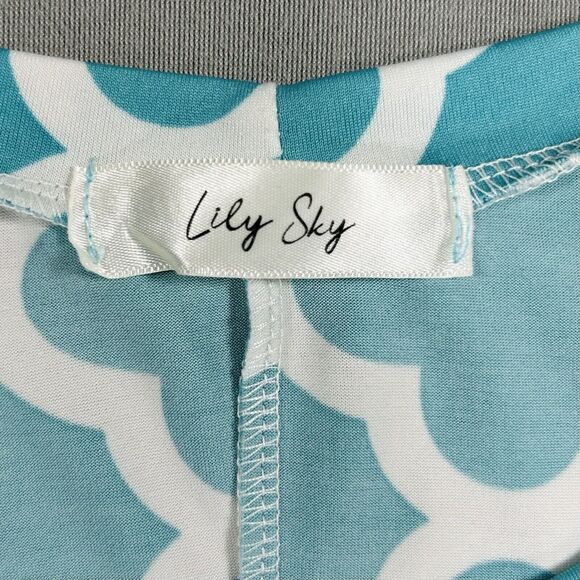 Lily Sky Dress Women's 3X Aqua Blue Midi Trellis Print Pockets 3/4 Bell Sleeves - Picture 10 of 12